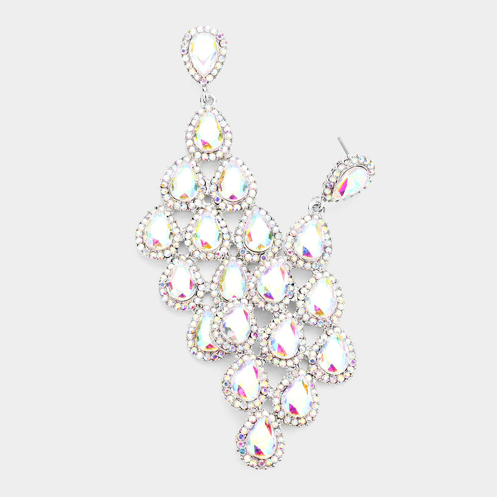 AB Rhinestone Trim and Teardrop Cluster Vine Pageant Earrings on Silver | Big Prom Earrings