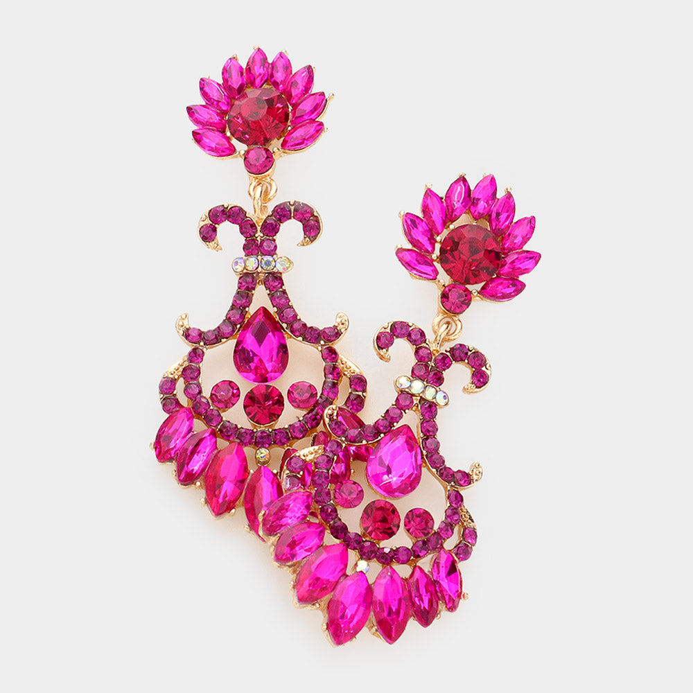 Fuchsia Crystal Rhinestone Flame Evening Earrings