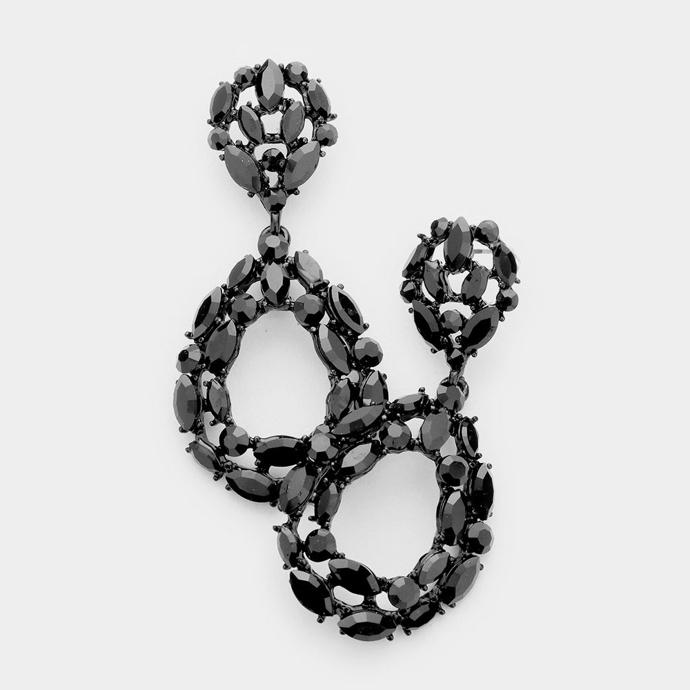 Jet Black Crystal Marquise and Round Stone Open Teardrop Pageant Earrings  | Prom Earrings