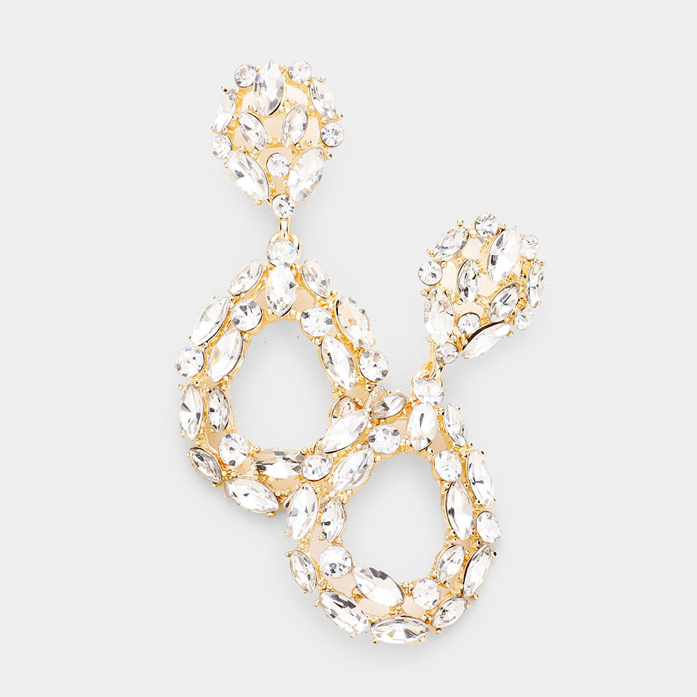 Crystal Marquise and Round Stone Open Teardrop Pageant Earrings on Gold | Prom Earrings