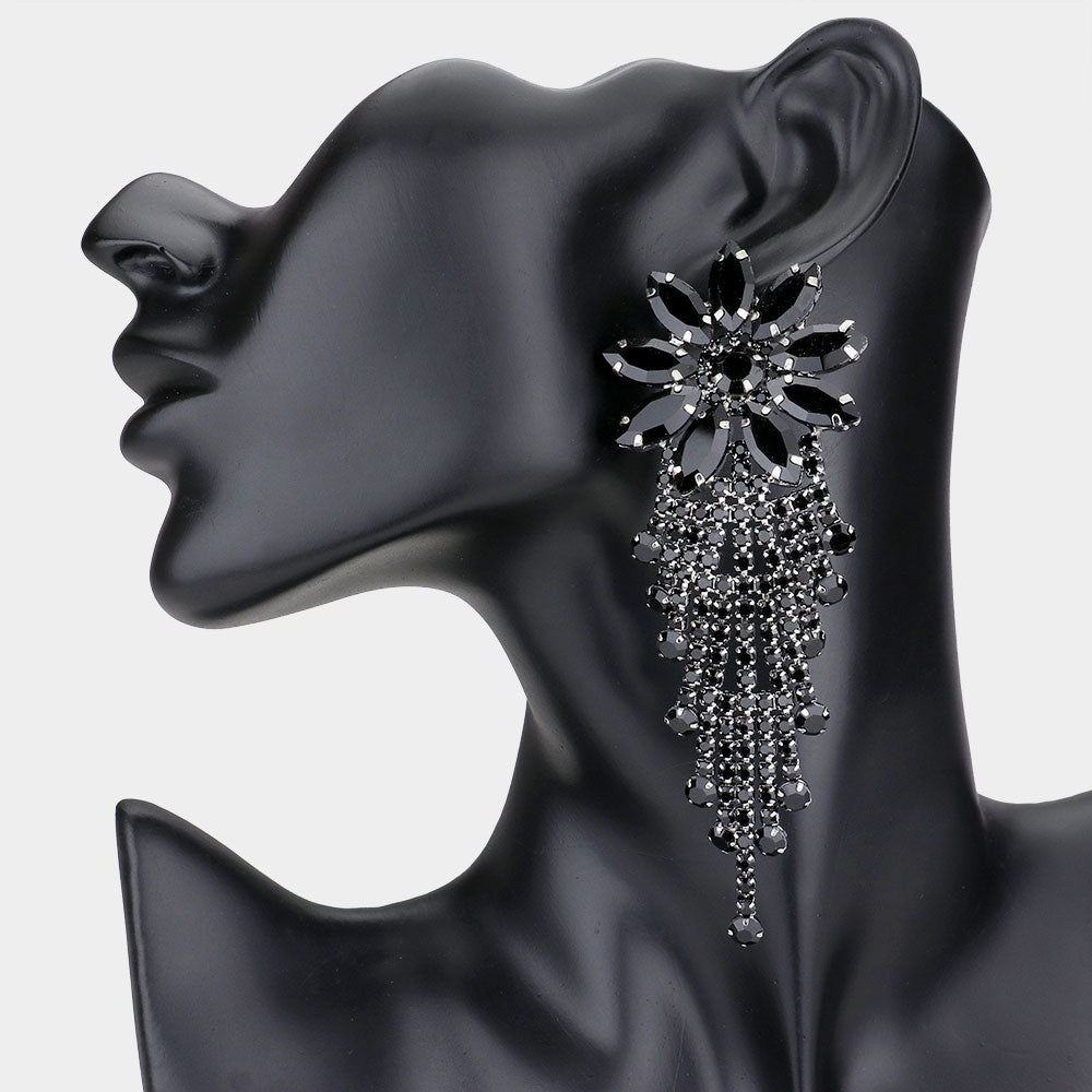 Long Jet Black Flower Accented Rhinestone Pageant Earrings  | Prom Earrings