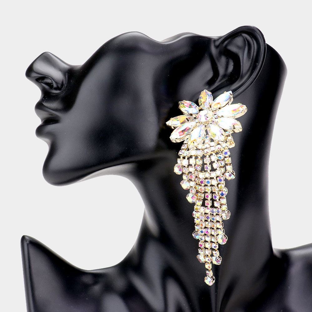 Long AB Flower Accented Rhinestone Pageant Earrings on Gold | Prom Earrings