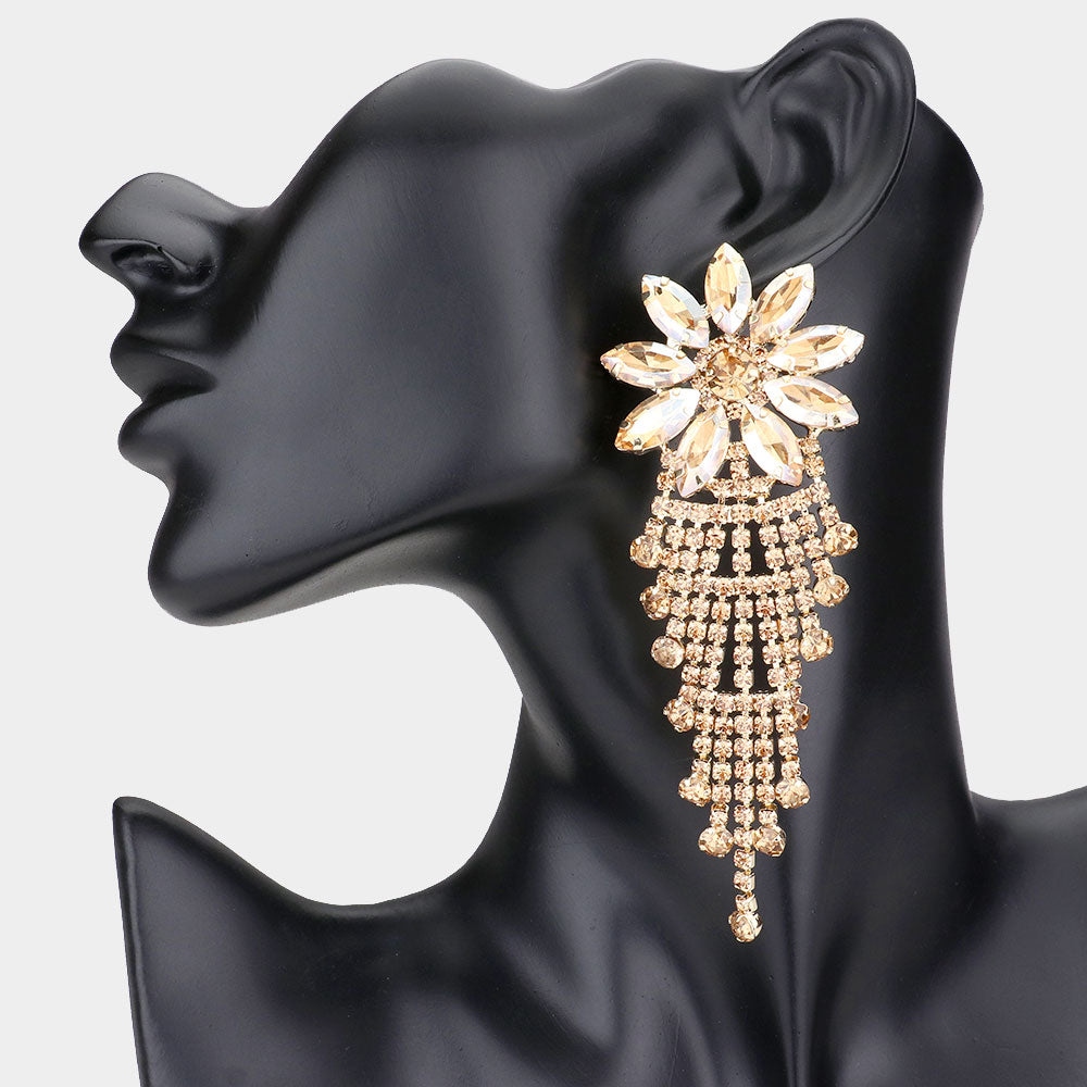 Long Light Topaz Flower Accented Rhinestone Pageant Earrings  | Prom Earrings