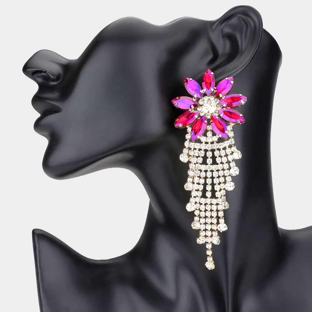 Long Purple AB Flower Accented Rhinestone Pageant Earrings | Prom Earrings