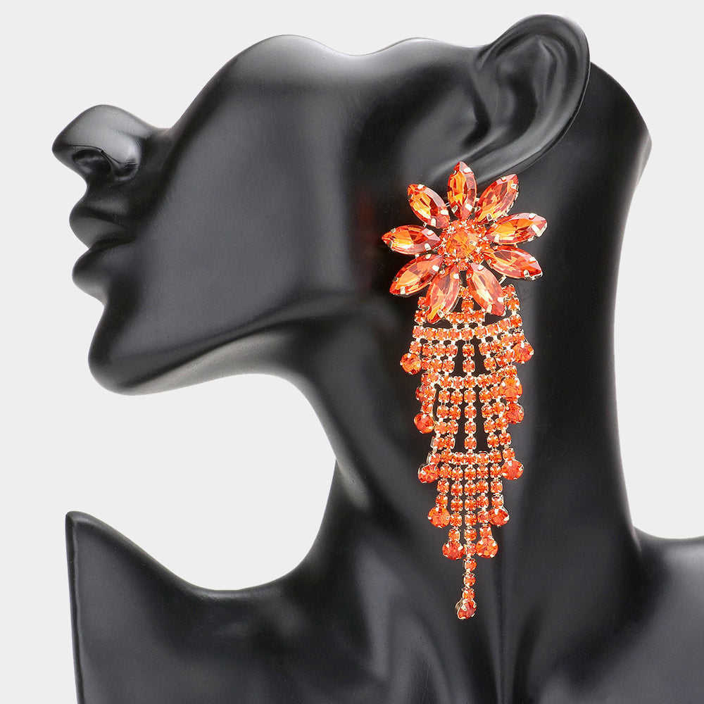 Long Orange Flower Accented Rhinestone Pageant Earrings | Prom Earrings