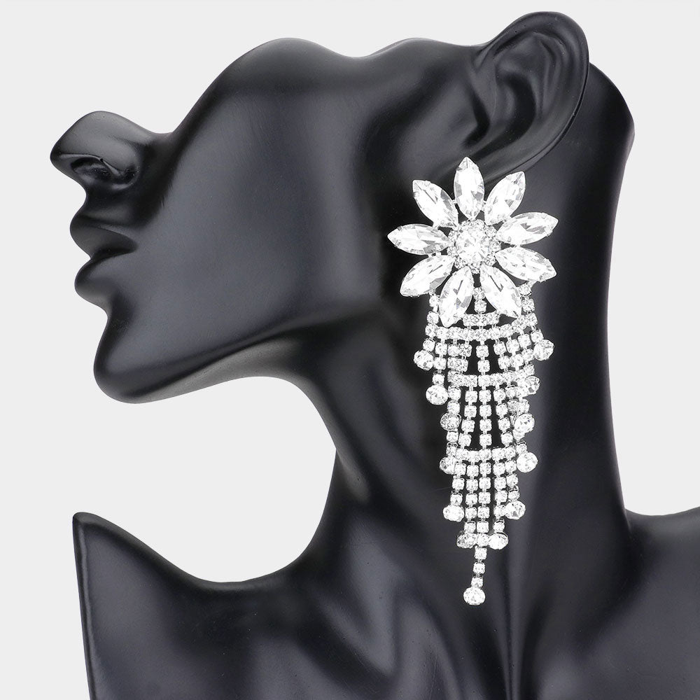Long Clear Flower Accented Rhinestone Pageant Earrings | Prom Earrings