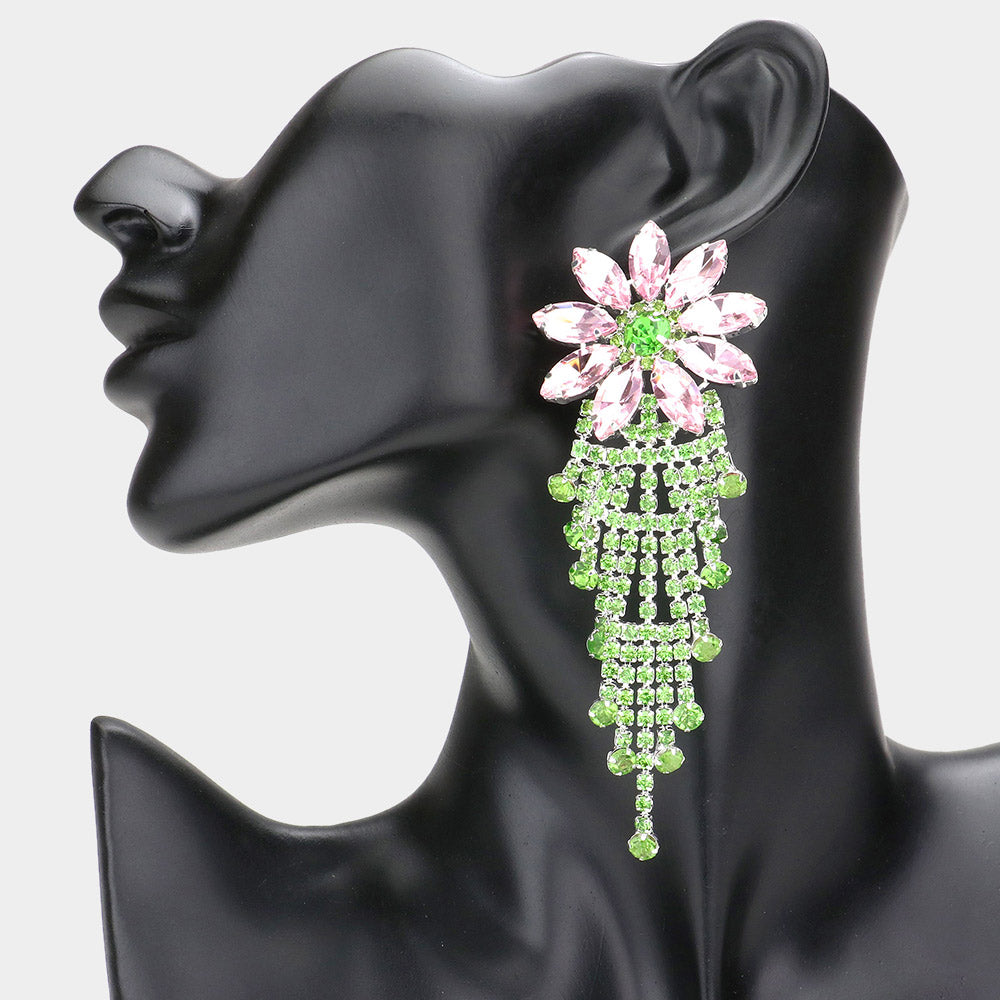 Long Pink/Green Flower Accented Rhinestone Pageant Earrings | Prom Earrings