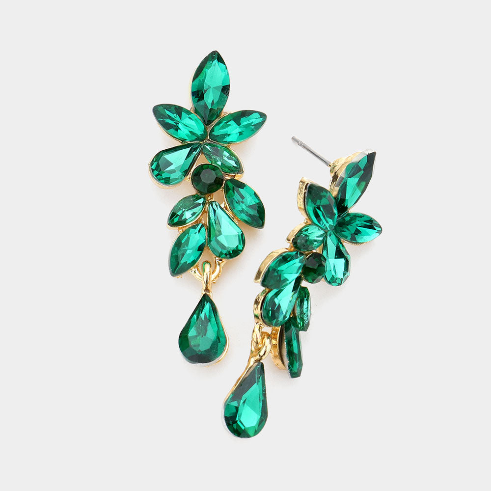 Small Emerald Crystal Teardrop Dangle Pageant Earrings 