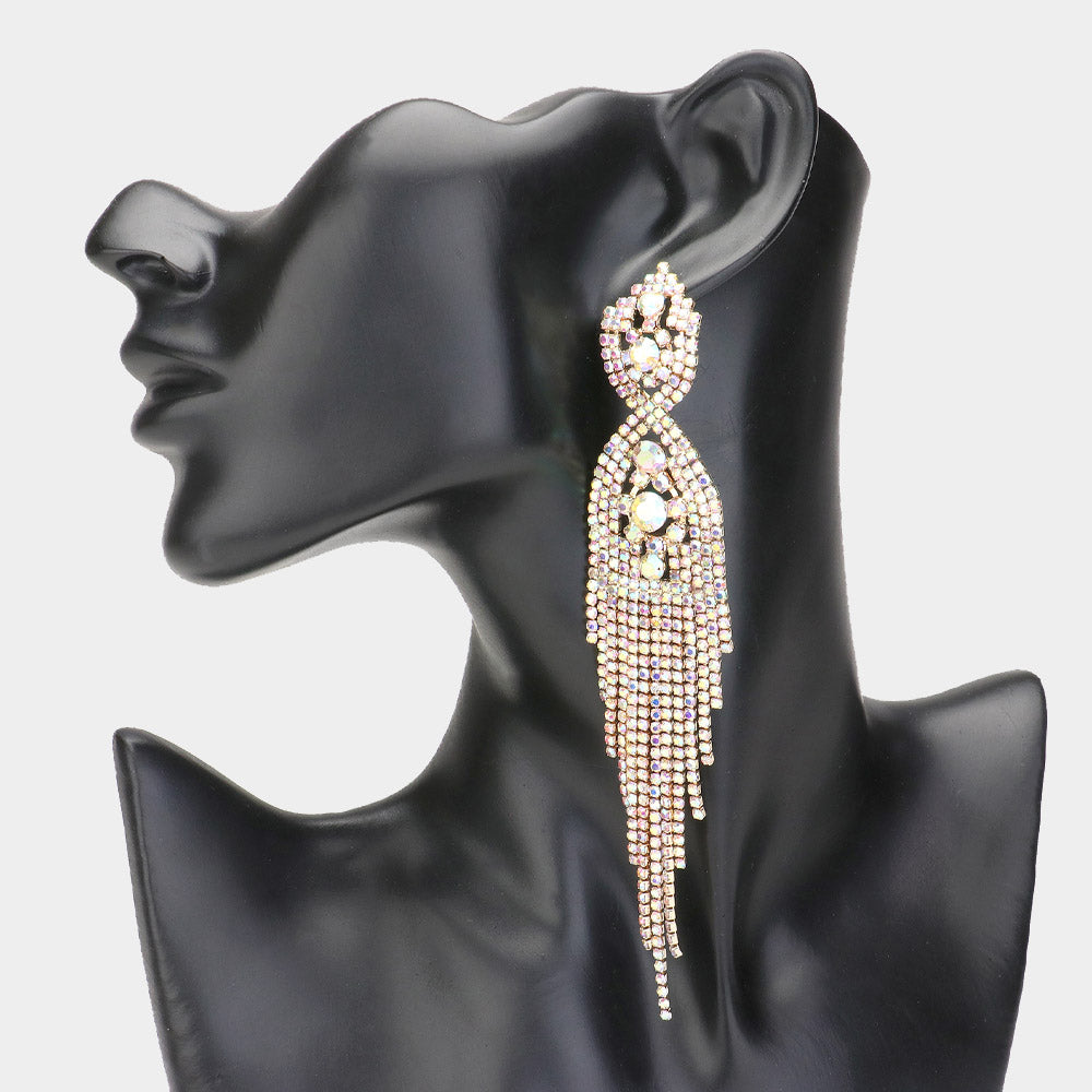 AB Rhinestone Long Fringe Pageant Earrings on Gold | Prom Earrings