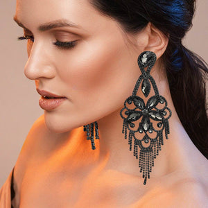 Very large smoky grey crystal flower fringe pageant earrings worn by model for pageant styling