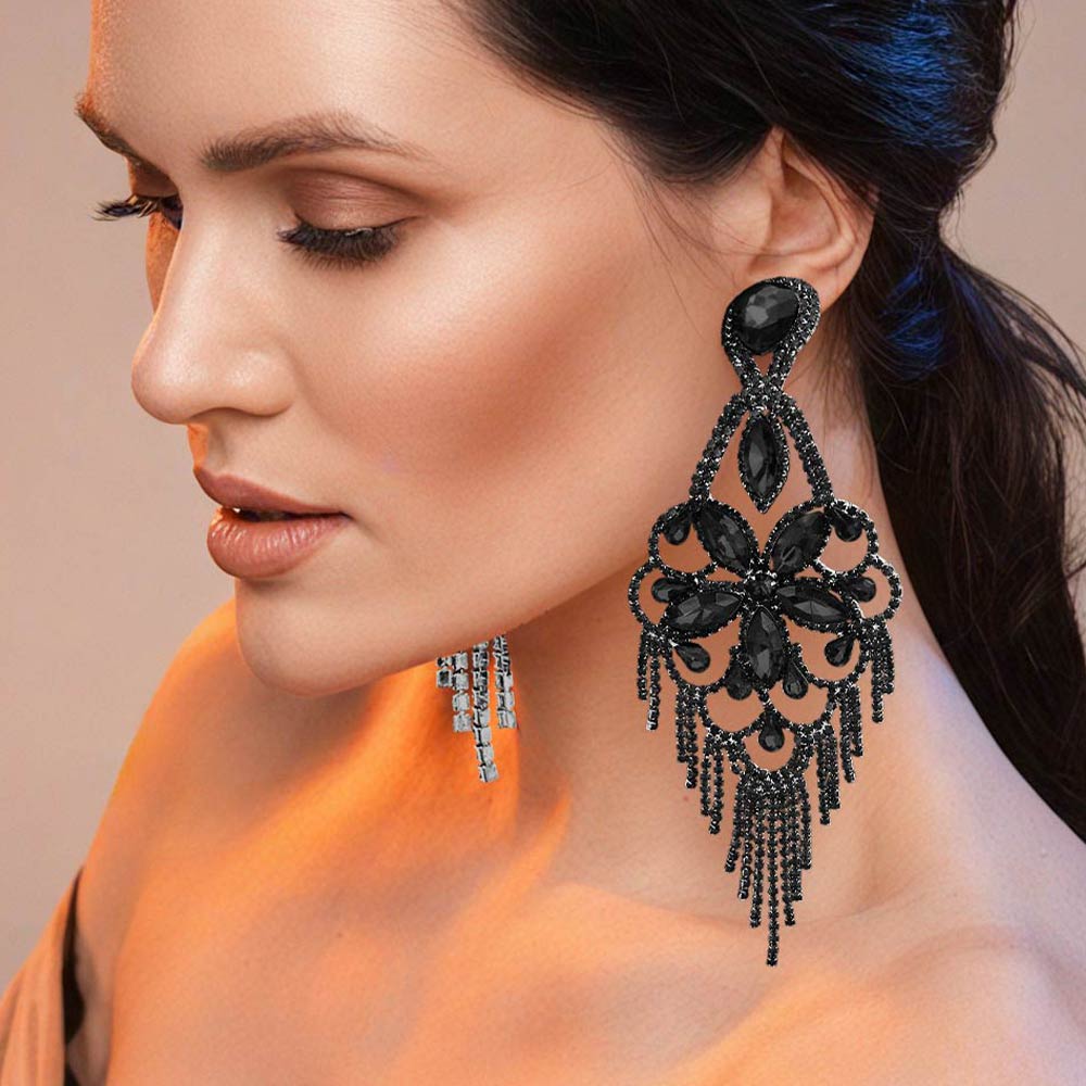 Very large jet black crystal flower fringe pageant earrings worn by model for pageant styling