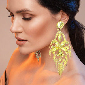 Very large yellow crystal flower fringe pageant earrings on gold worn by model for pageant styling