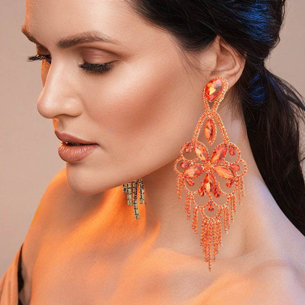 Very Large Orange Crystal Flower Fringe Pageant Earrings on Gold | L&M  Bling - lmbling