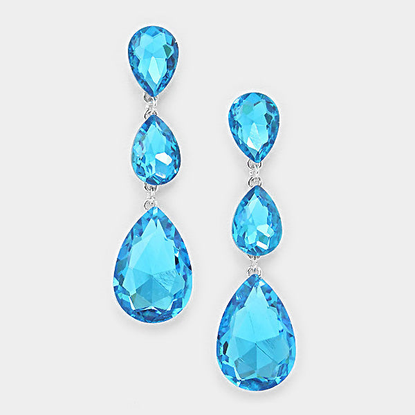 Aqua Blue triple teardrop earrings on silver on a white background