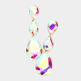 AB Crystal Triple Teardrop Earrings on Gold on a white background