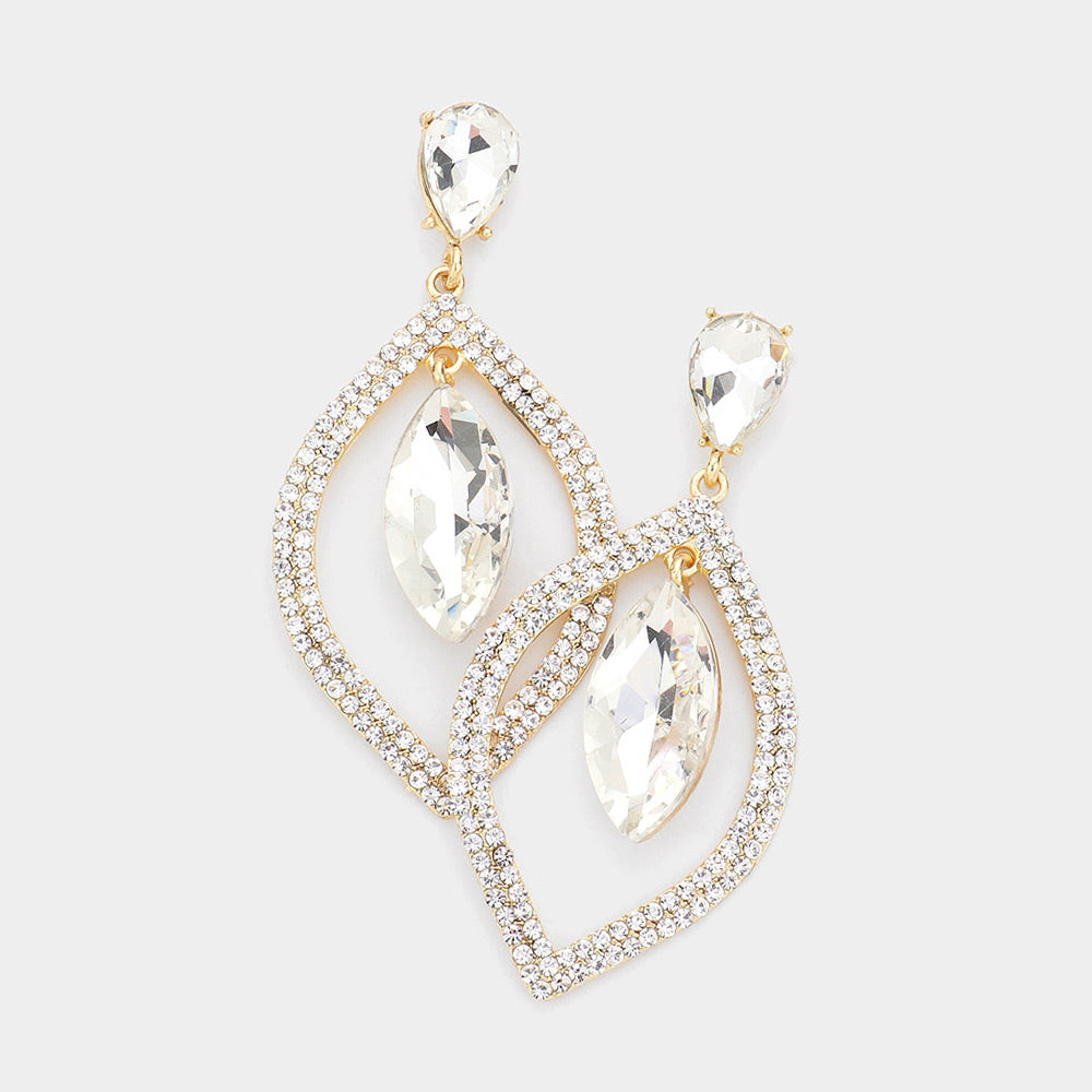Clear Teardrop Marquise Stone in Open Circle Rhinestones Pageant Earrings on Gold  | Headshot Earrings