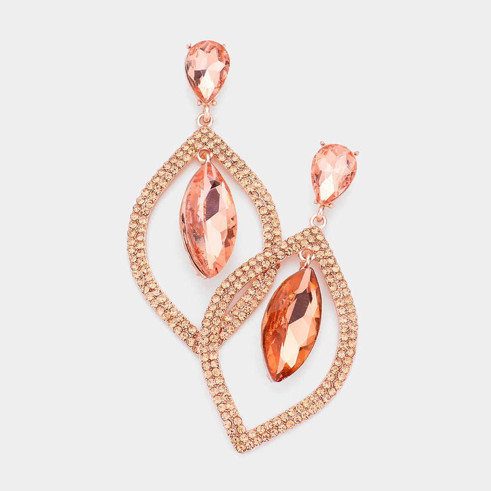 Peach Teardrop Marquise Stone in Open Circle Rhinestones Pageant Earrings  | Headshot Earrings