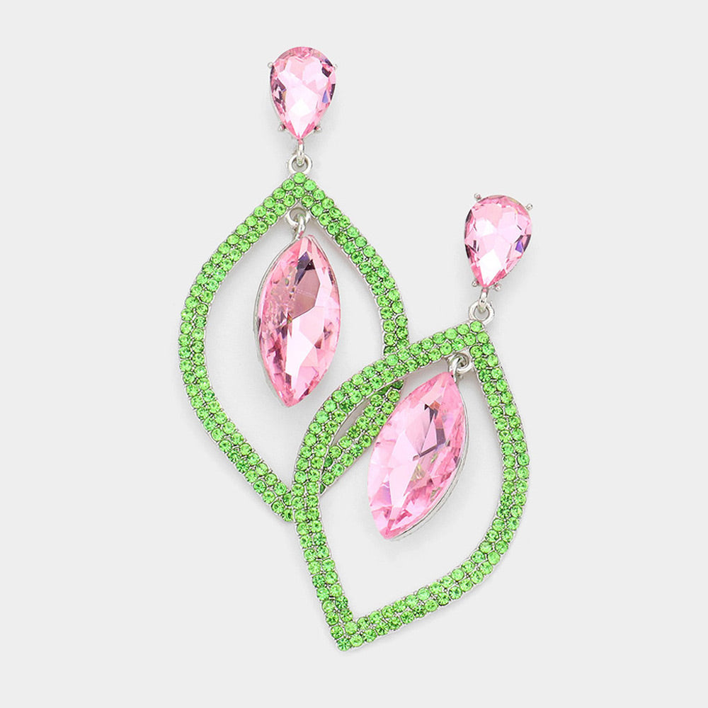 Pink & Green Teardrop Marquise Stone in Open Circle Rhinestones Pageant Earrings  | Headshot Earrings