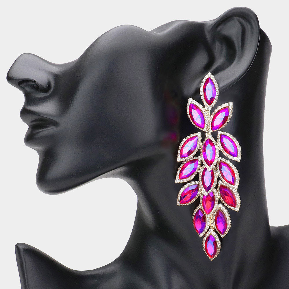 Long Purple Aurora Borealis (AB) crystal marquise leaf earrings on gold shown on a mannequin's ear