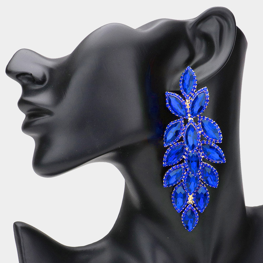 Long Sapphire Crystal Marquise Leaf Stone Pageant Earrings  | Prom Earrings