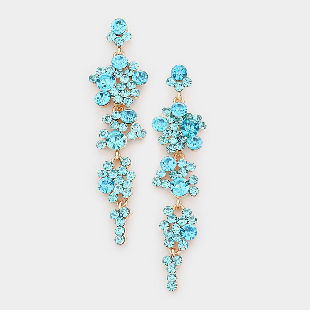 Aqua Crystal Long Dangle Earrings on gold backing. Shown here on a white background.  