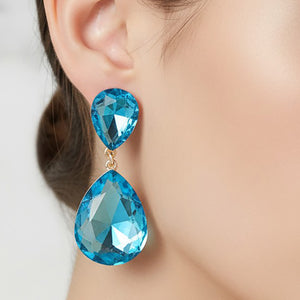 Blue Opal Crystal Double Teardrop Dangle Earrings on Gold - 2.1" |  713948