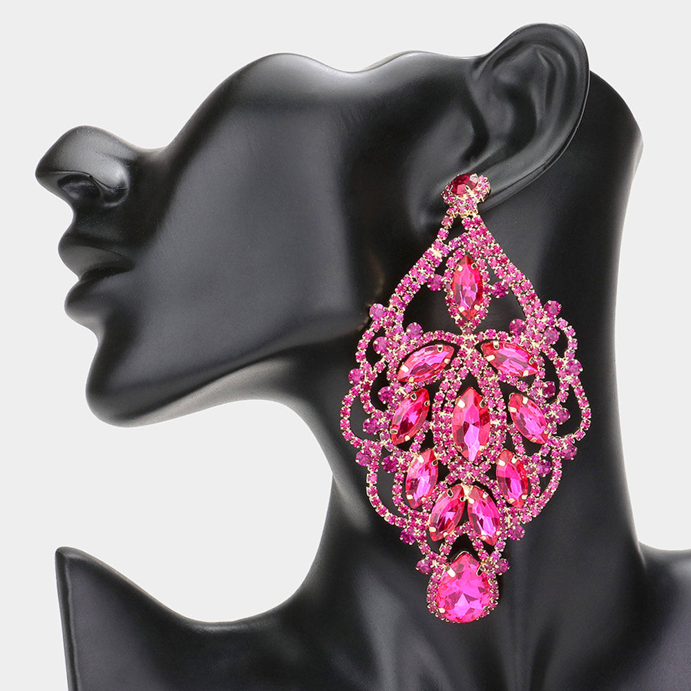 Over Sized Fuchsia Crystal and Rhinestone Statement Earrings