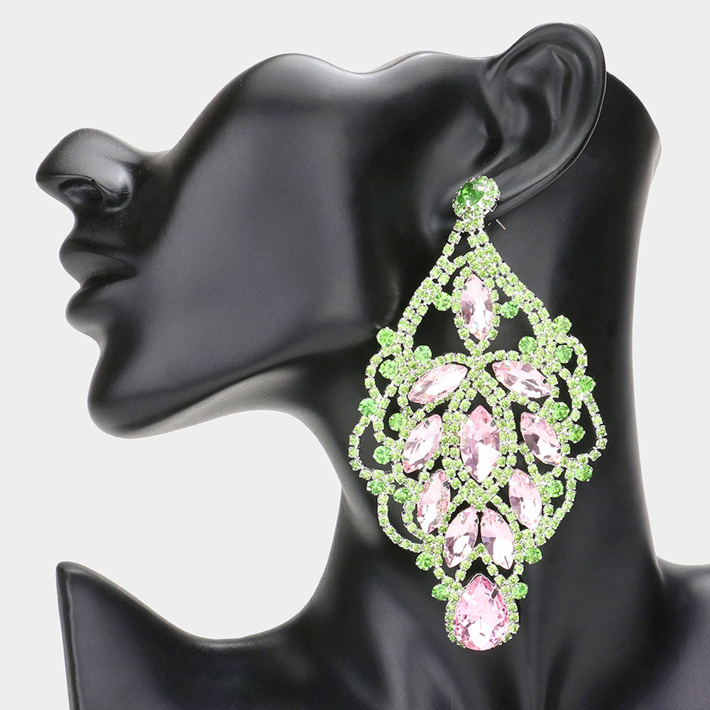 Over Sized Pink & Green Crystal and Rhinestone Statement Earrings