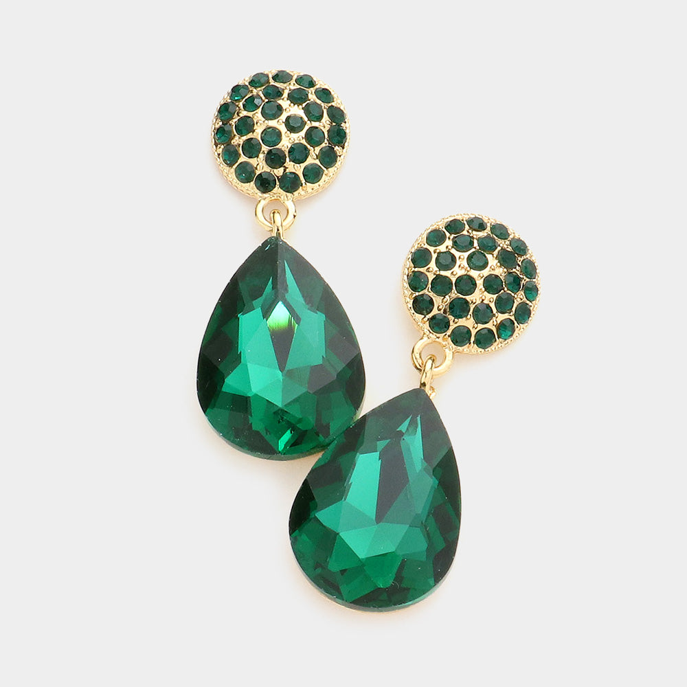 Emerald Teardrop and Rhinestone Dangle Pageant Earrings | Dangle Prom Earrings