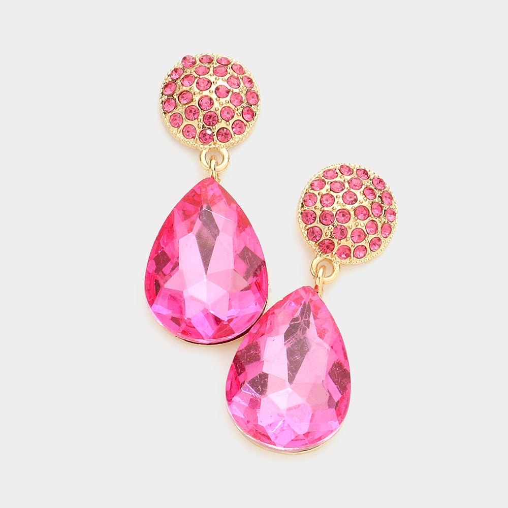 Pink Teardrop and Rhinestone Dangle Pageant Earrings | Dangle Prom Earrings