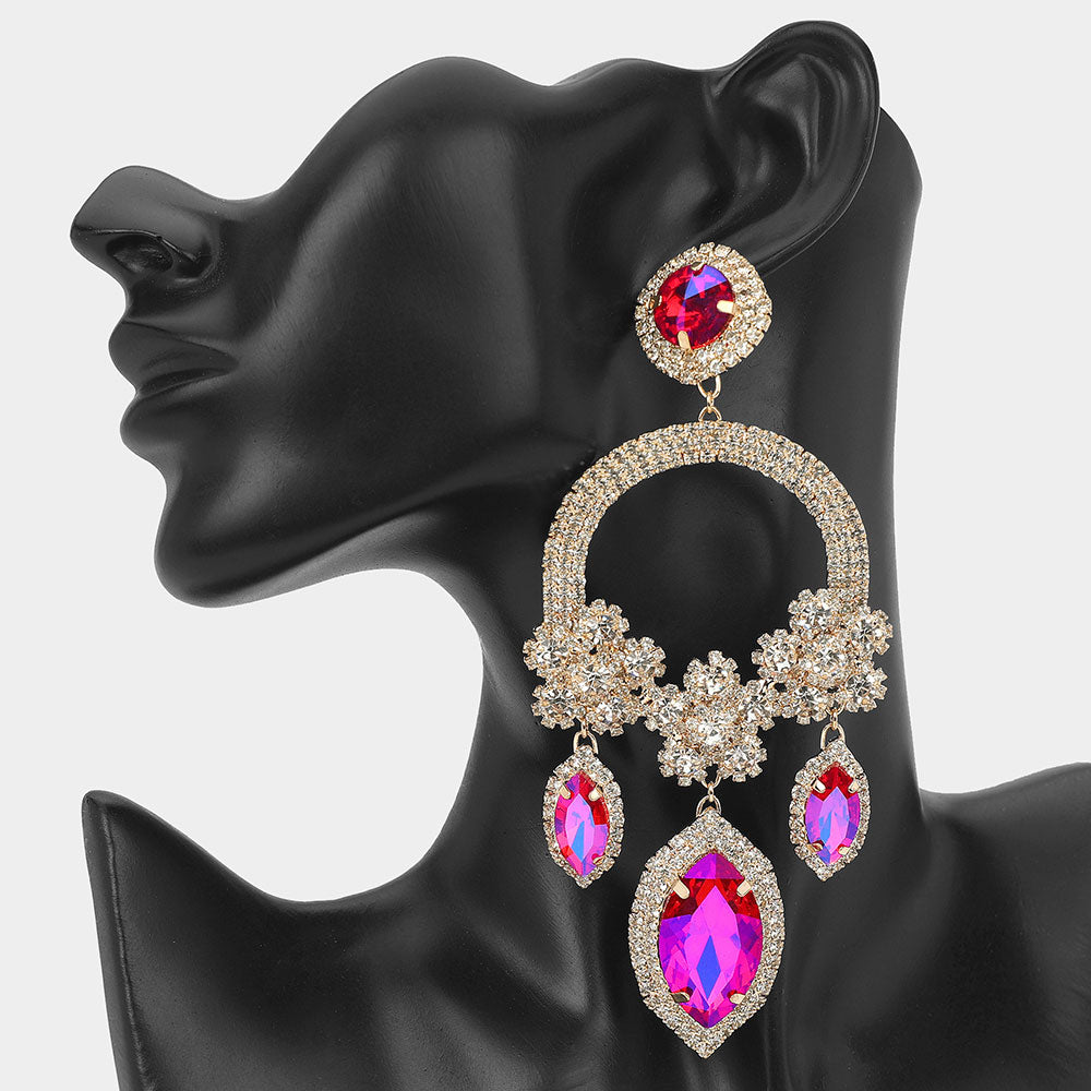 Oversized Purple AB Marquise Stone and Rhinestone Embellished Chandelier Pageant Earrings