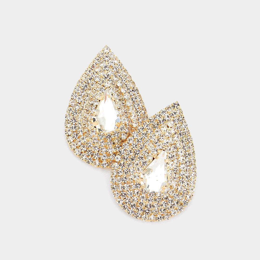 Rhinestone Embellished Teardrop Pageant Earrings on Gold| Evening Earrings