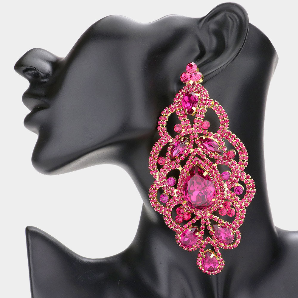 Large Fuchsia Crystal and Rhinestone Chandelier Earrings