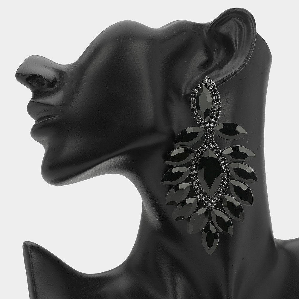 Long Black Marquise Stone Chandelier Pageant Earrings | Special Occasion Jewelry