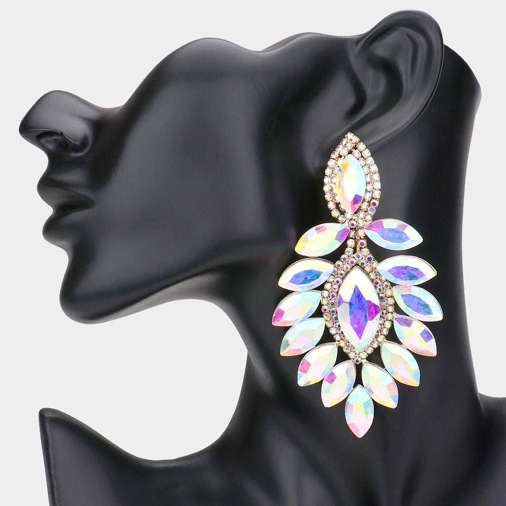 Long AB Marquise Stone Chandelier Pageant Earrings on Gold| Special Occasion Jewelry