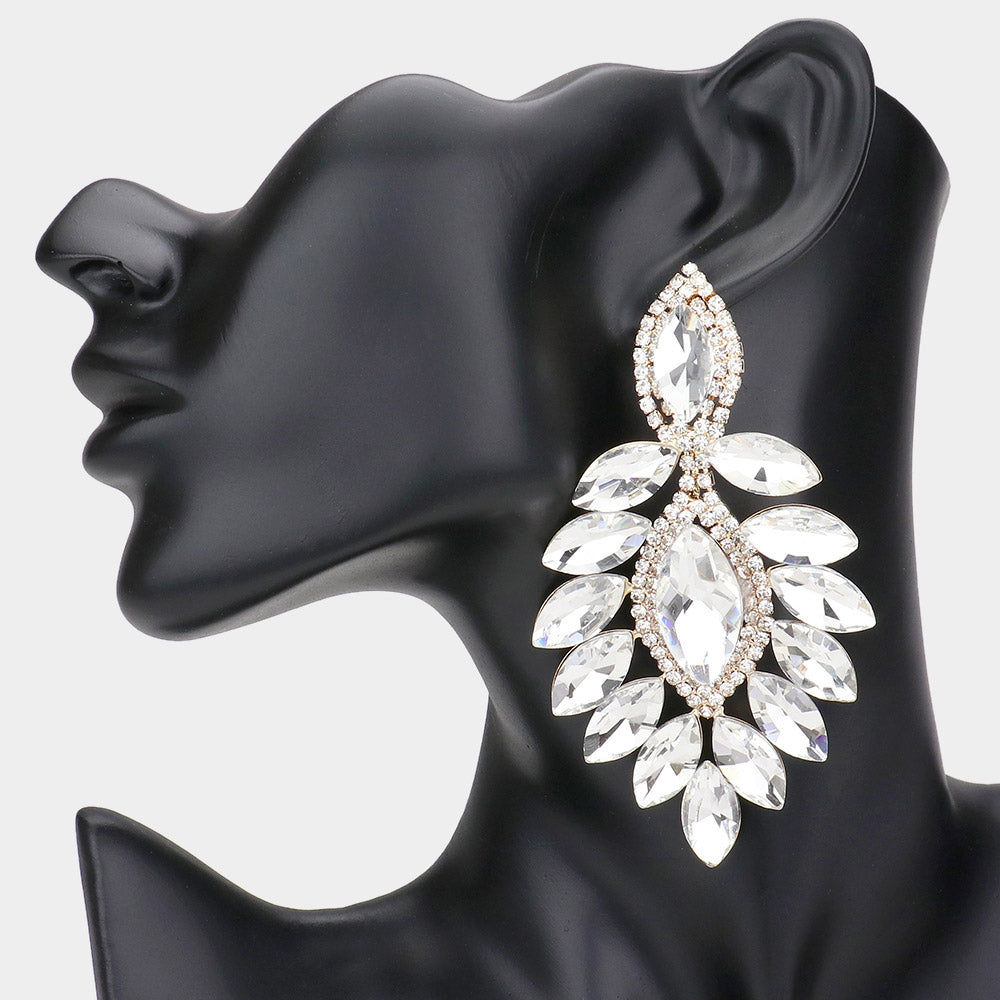 Long Clear Marquise Stone Chandelier Pageant Earrings on Gold| Special Occasion Jewelry