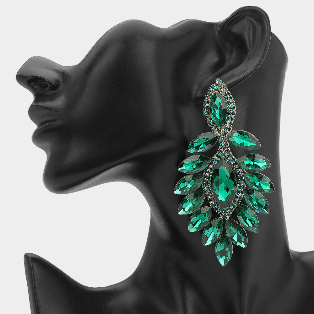 Long Emerald Marquise Stone Chandelier Pageant Earrings | Special Occasion Jewelry