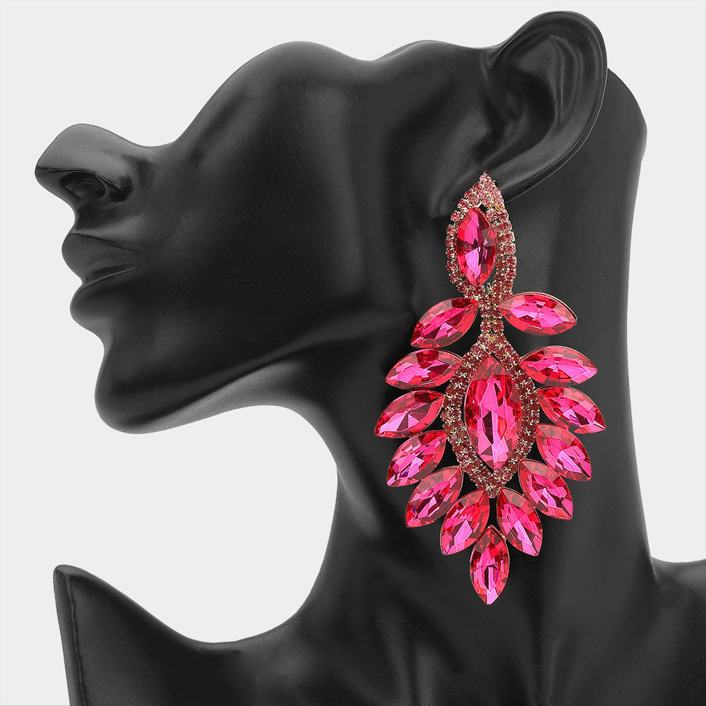 Long Fuchsia Marquise Stone Chandelier Pageant Earrings | Special Occasion Jewelry