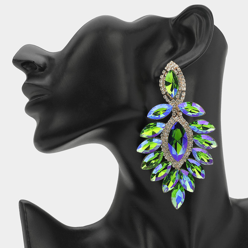Long Green AB Marquise Stone Chandelier Pageant Earrings | Special Occasion Jewelry
