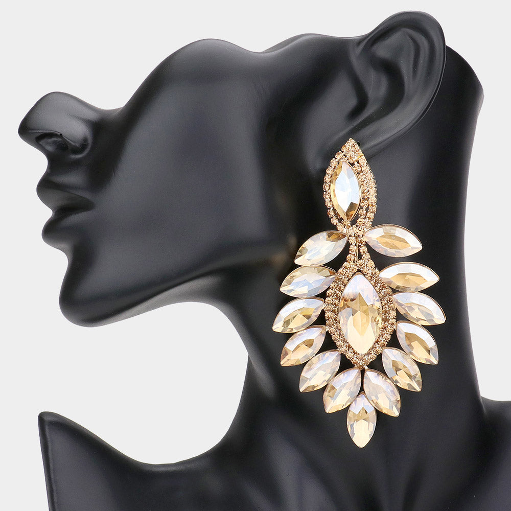 Long Light Topaz Marquise Stone Chandelier Pageant Earrings | Special Occasion Jewelry