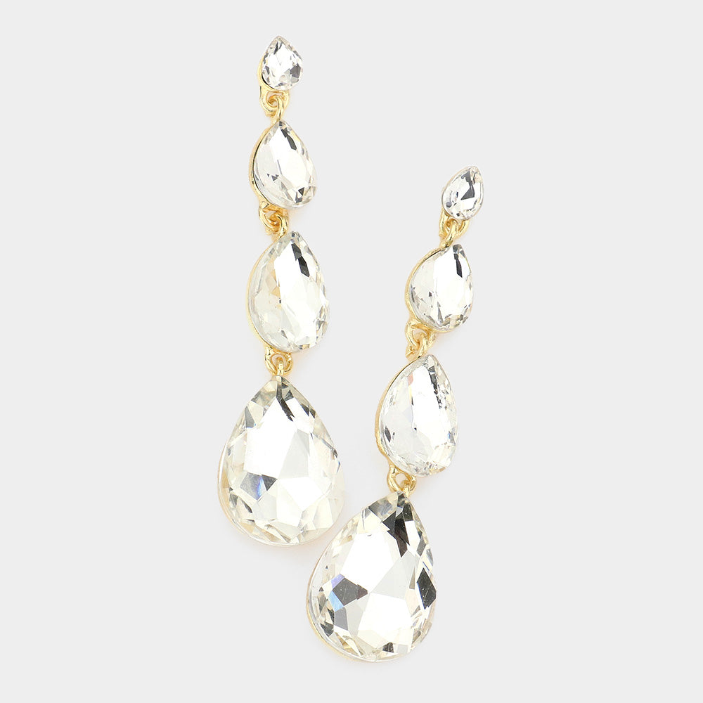 Multi Size Clear Teardrop Dangle Pageant Earrings on Gold