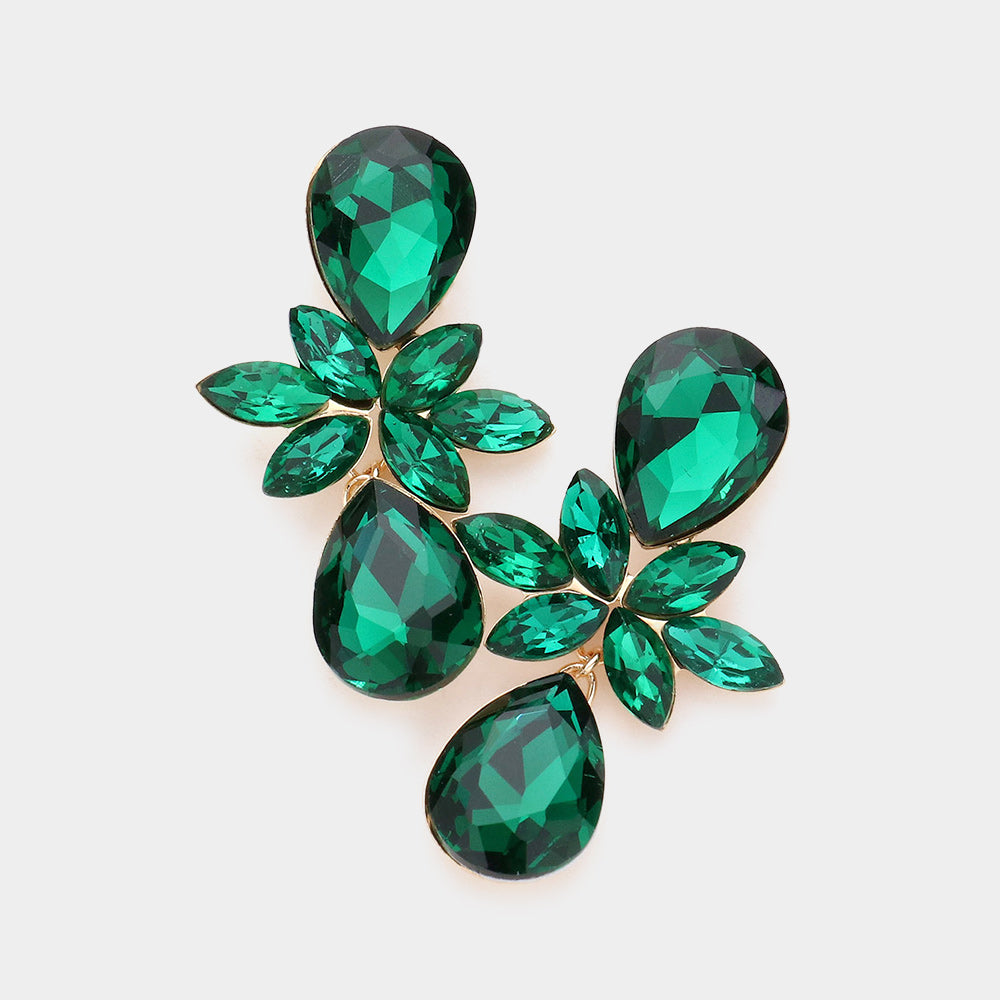 Emerald Marquise and Teardrop Stone Dangle Pageant Earrings