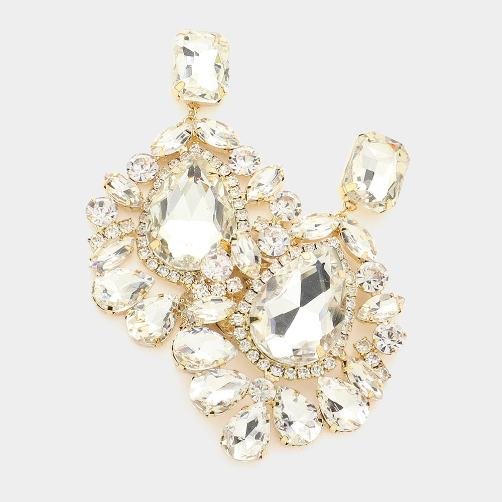 Clear Teardrop Stone Accented Chandelier Pageant Earrings on Gold