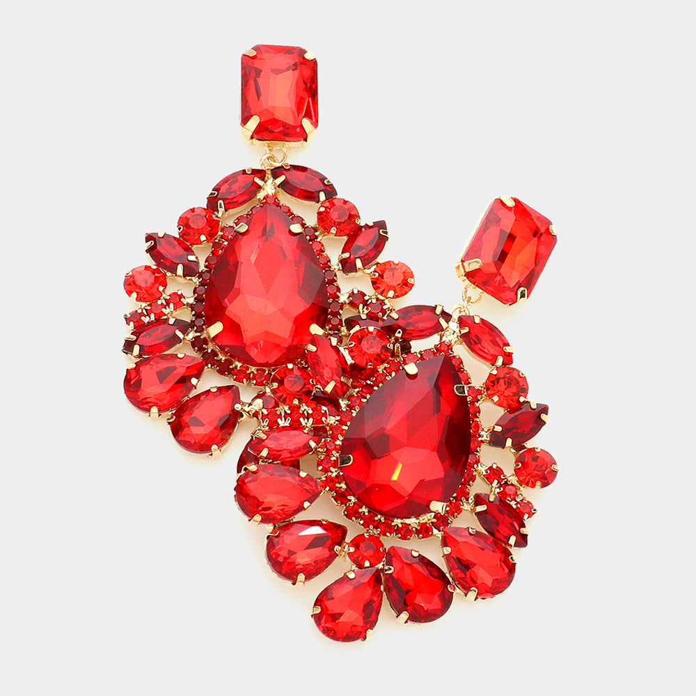 Red Teardrop Stone Accented Chandelier Pageant Earrings