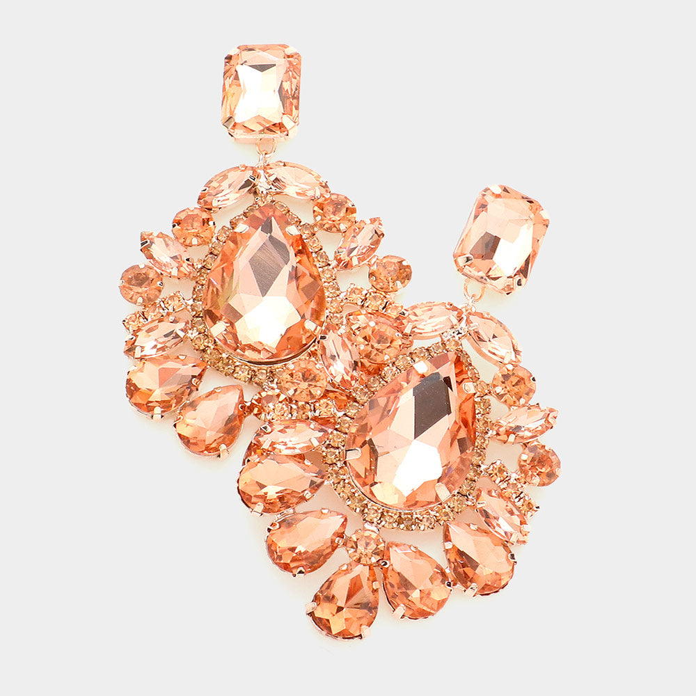 Peach Teardrop Stone Accented Chandelier Pageant Earrings 