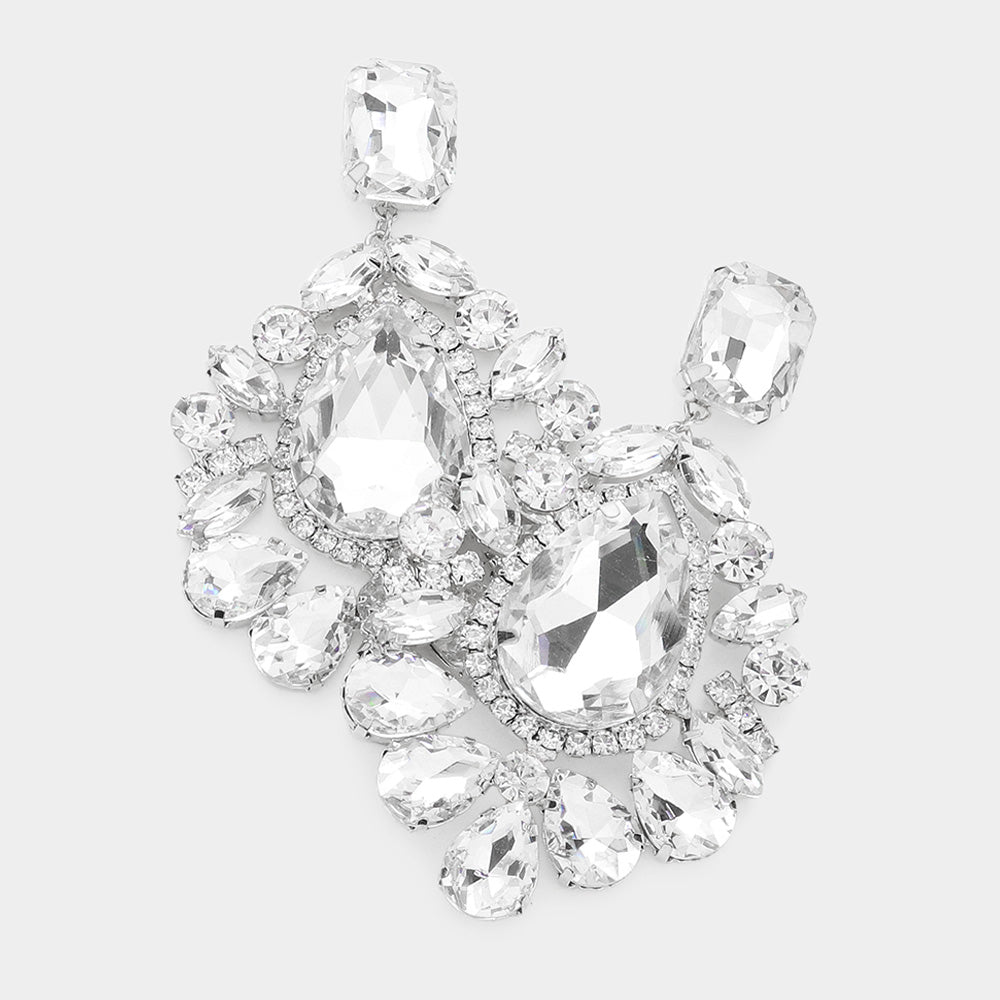 Clear Teardrop Stone Accented Chandelier Pageant Earrings 