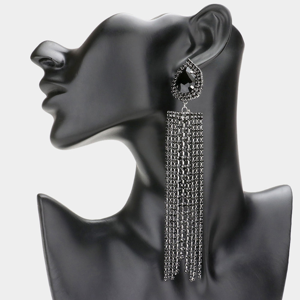 Very Long Black Teardrop Accented Rhinestone Fringe Statement Earrings | Pageant Earrings