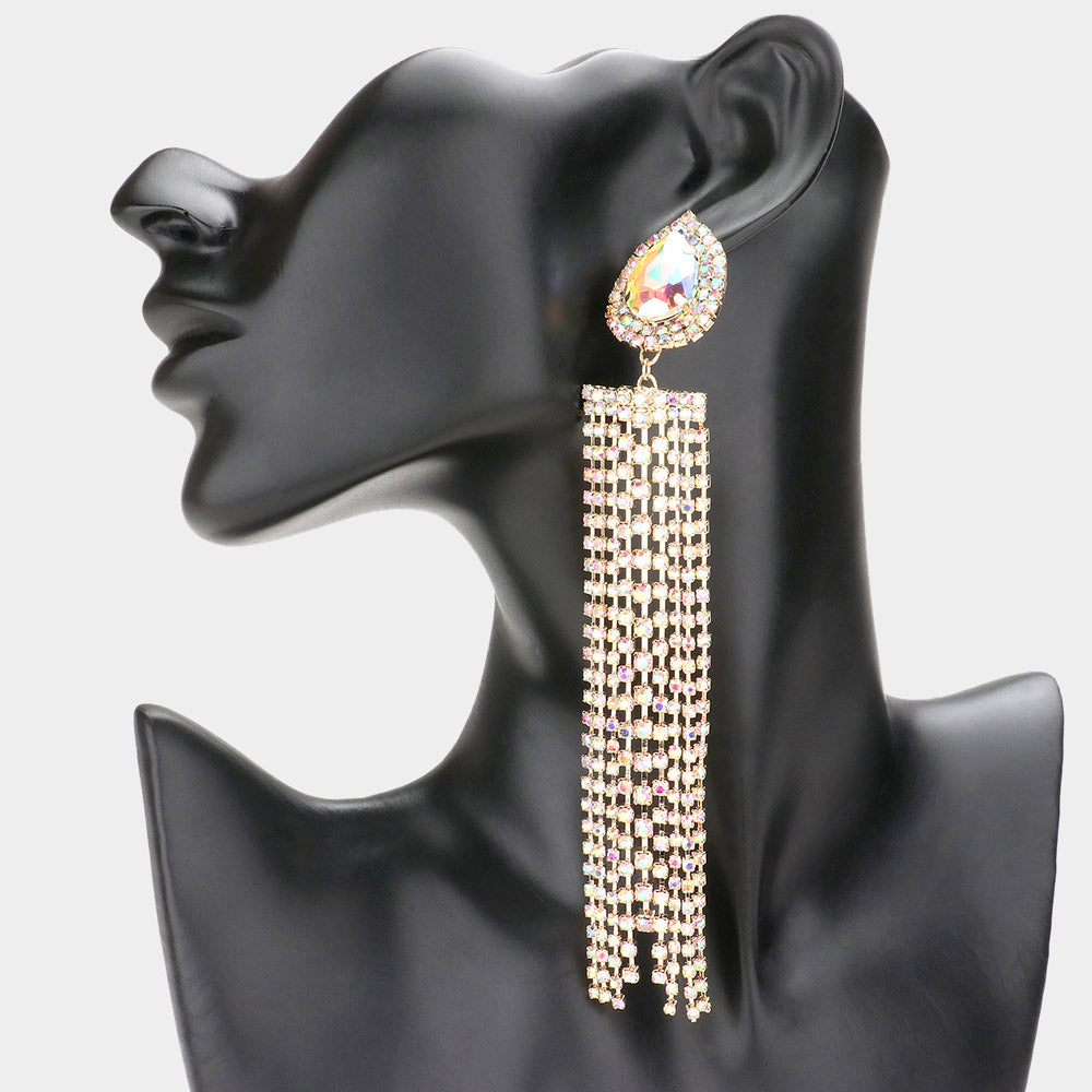 Very Long AB Teardrop Accented Rhinestone Fringe Statement Earrings on Gold | Pageant Earrings