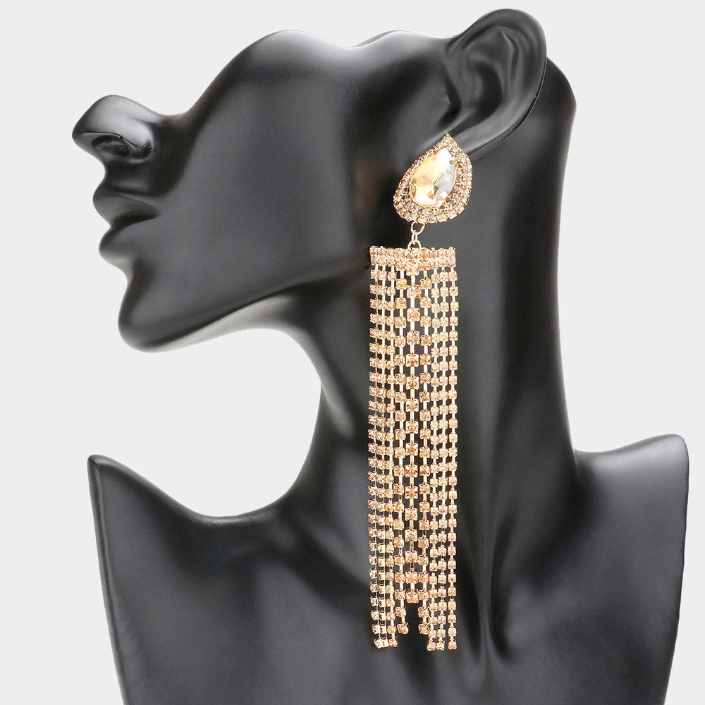 Very Long Light Topaz Teardrop Accented Rhinestone Fringe Statement Earrings  | Pageant Earrings