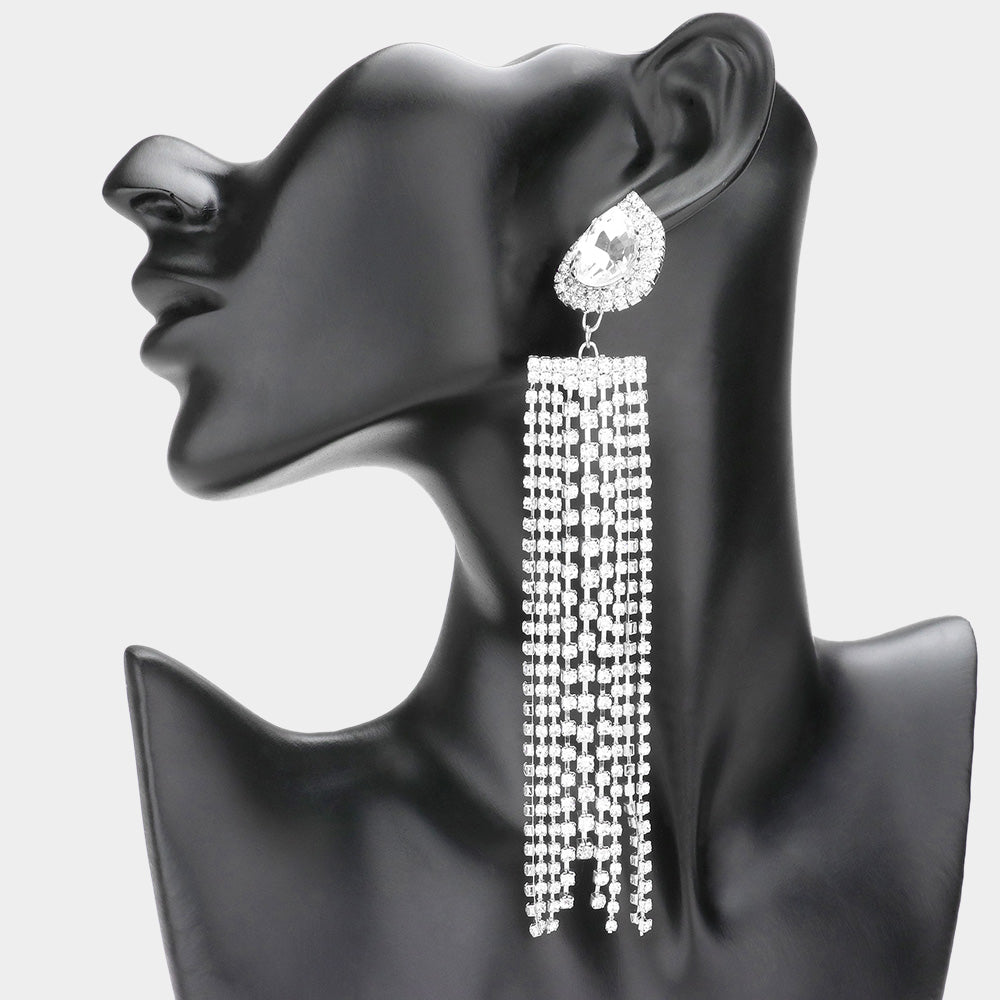 Very Long Clear Teardrop Accented Rhinestone Fringe Statement Earrings  | Pageant Earrings